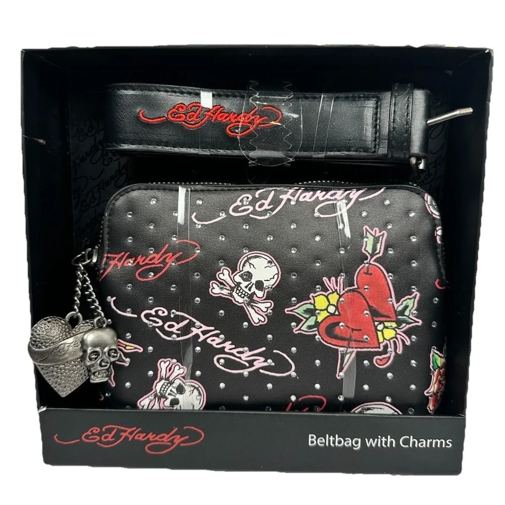 Ed Hardy Black Skull Heart Beltbag with Charms Studded Tattoo Print Boxed